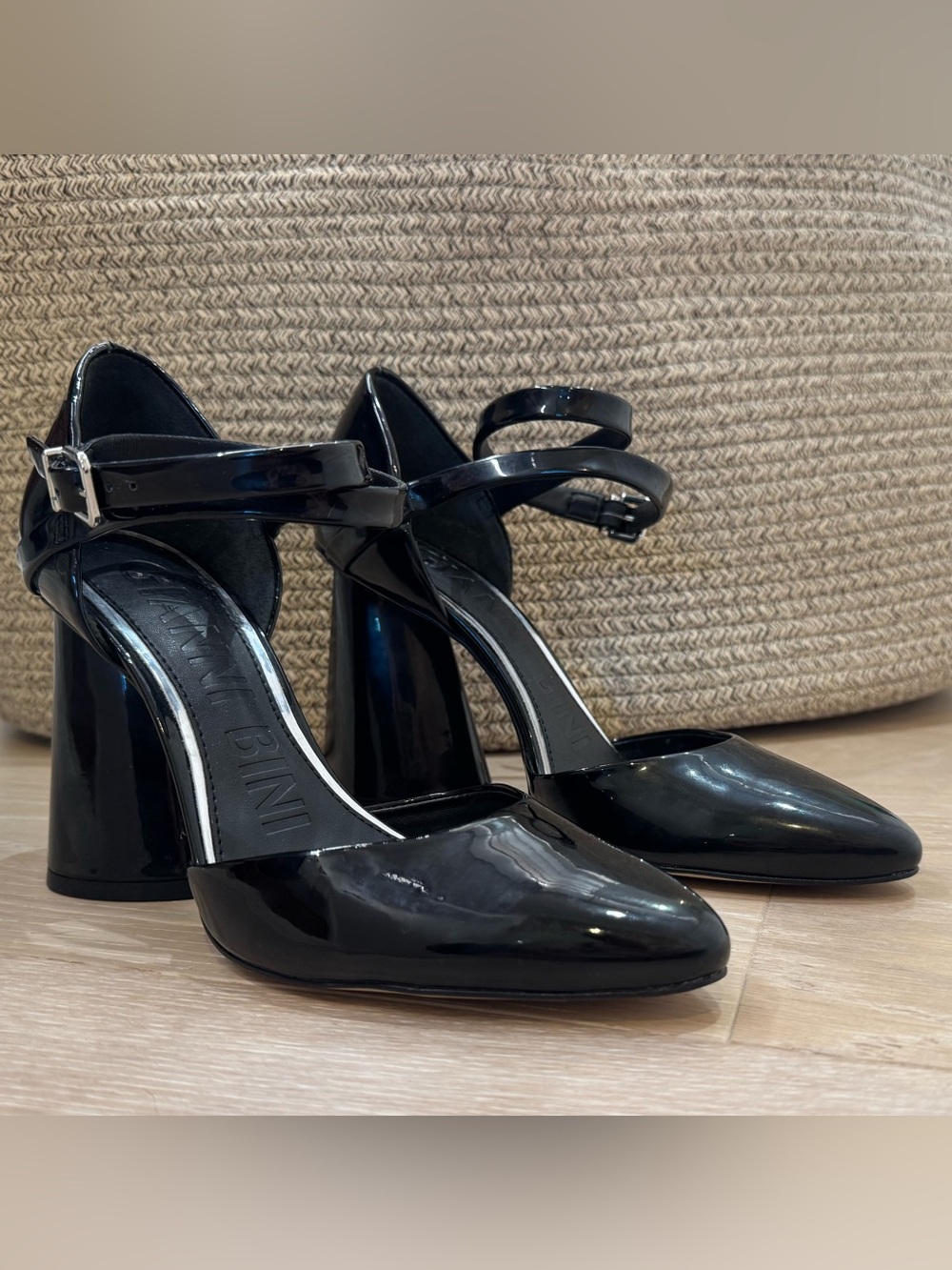 Gianni Bini Black Patent Leather Block Heel Pumps w/ Ankle Strap size 7 BNWOT
